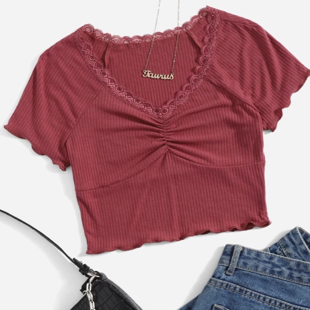 SHEIN LACE TRIM RAGLAN SLEEVE RUCHED RIB KNIT V NECK STRETCH CROP TOP SIZE SMALL